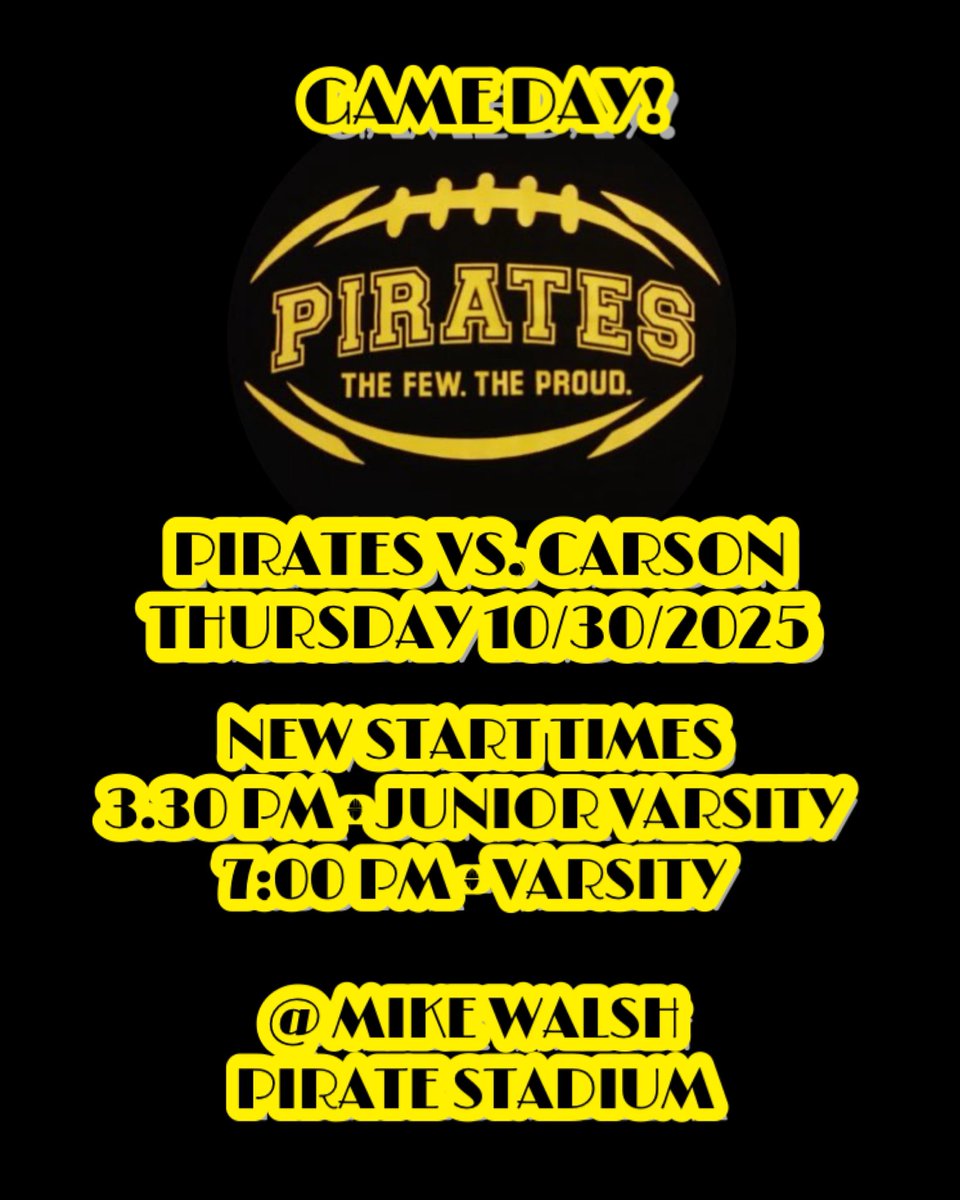 SPPirateFB's tweet photo. New start times for tonight. See you at Mike Walsh Pirate Stadium! #SoProudToBeAPirate🏴☠️ #TheDro @breezepreps @latsondheimer @JamaalStreet @DamianCalhoun @Tarek_Fattal @SBLiveCA @NickIngram310 https://t.co/XWeuacDLzr