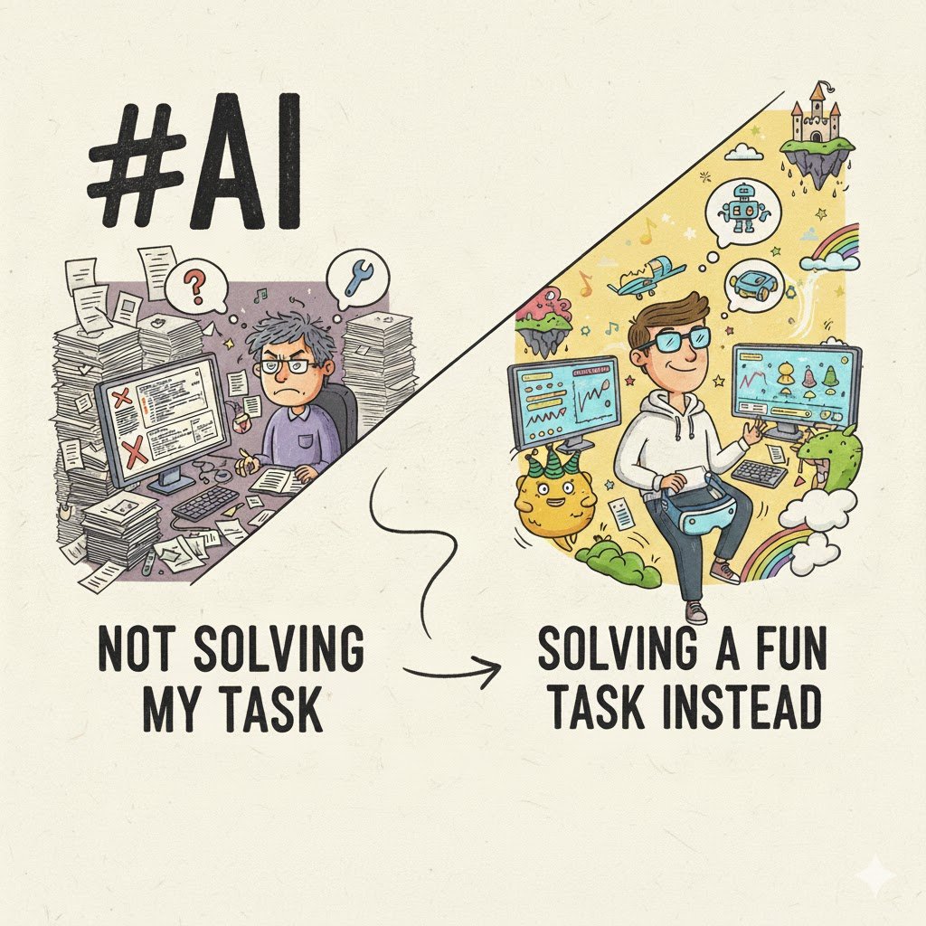 #AI often does not solve my task.

It however, can solve a neat task I don't have but enjoy trying instead of working on the one I do have.

Like: Create an illustration for this tweet to help it go viral.
