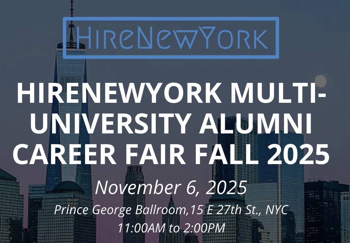 The HireNewYork Multi-University Career Fair is just one week away!  This is a wonderful opportunity for job seekers of all levels to meet directly with hiring managers from 40+ organizations.  This event is FREE!  For more details and to register:  events.bizzabo.com/hirenewyorkfal…