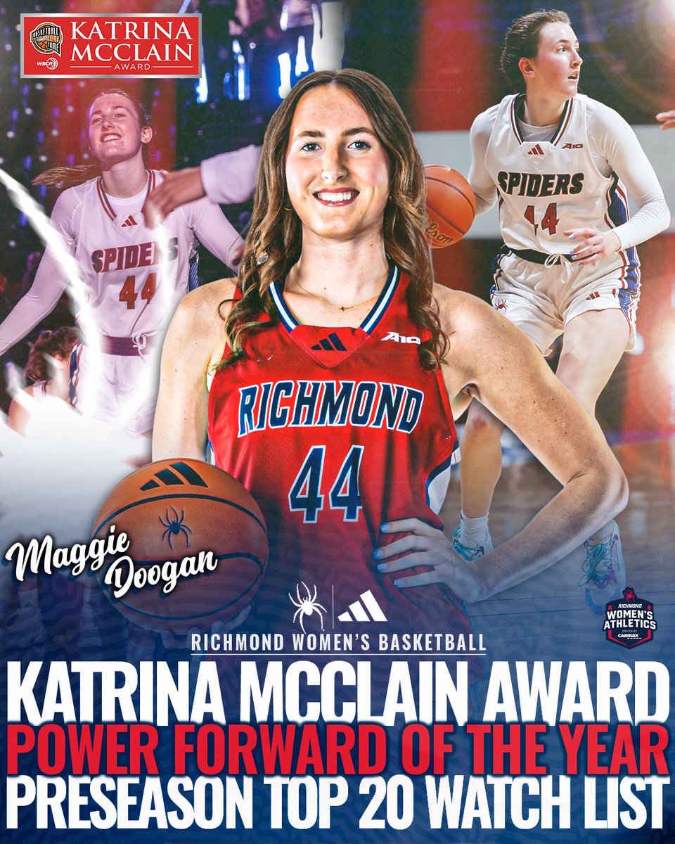 SpiderWBBall's tweet photo. The moment’s 𝗻𝗲𝘃𝗲𝗿 too big for @MaggieDoogan.

Named to 𝙗𝙤𝙩𝙝 the Naismith Trophy and Katrina McClain Award watch lists 👏🕷️🏀

@SpiderAthletics // #OneRichmond https://t.co/7a7ZD5ujDq