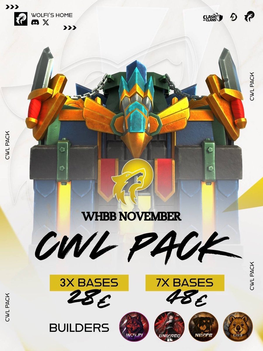 Start your CWL well prepared with bases from WHBB! 🥳🛡️
Two options: 3️⃣x or 7️⃣x bases 😎🔥
First pack with our NEW builder <a href="/7slissome/">Liss</a> 🚀🧱
Join Discord &amp; open a ticket 🫶
⚠️It’s limited⚠️
🔗 discord.gg/c9dJMKESXE