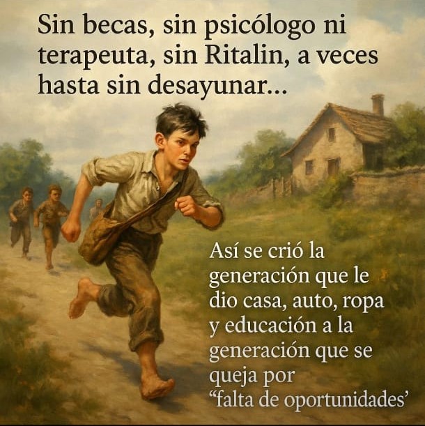 Hubo una generación que creció sin becas, sin psicólogos, sin Ritalin y a veces sin desayunar. No tenían privilegios, tenían huevos. 
Y aún así no lloraban en redes sociales, lloraban sudando.