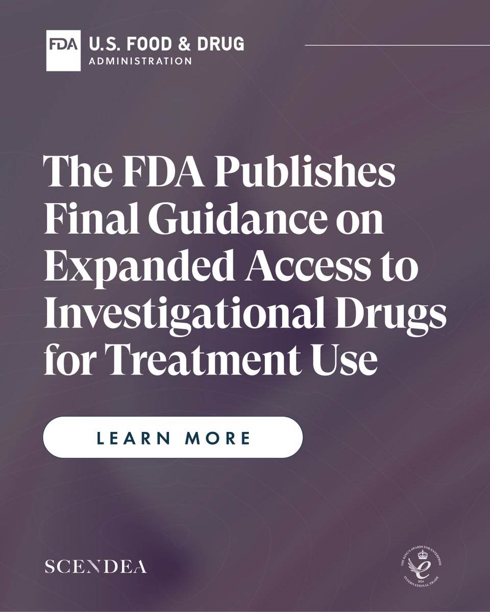 scendea's tweet image. The @US_FDA has published the final guidance on expanded access to investigational drugs for treatment use. For more information on this #guidance, and to speak with a member of our team, get in touch: scendea.com/contact
-
#investigationalnewdrug #USregulatorysupport