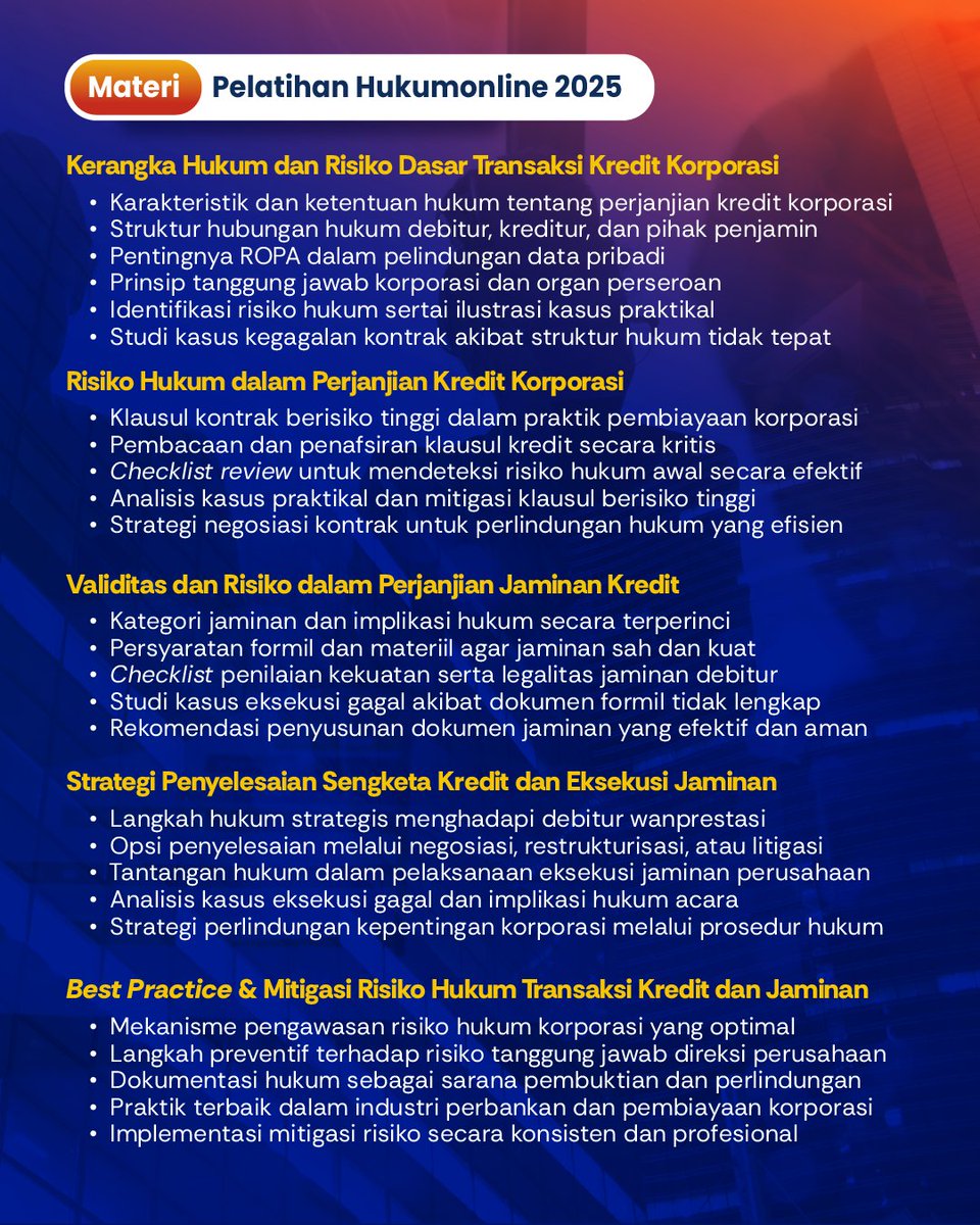 Perjanjian kredit dan jaminan bukan sekadar formalitas. Kesalahan dalam penyusunan klausul, struktur hubungan hukum, hingga ketidaklengkapan dokumen bisa berujung pada risiko besar seperti sengketa, gagal eksekusi jaminan, hingga kerugian finansial perusahaan.

Segera daftarkan
