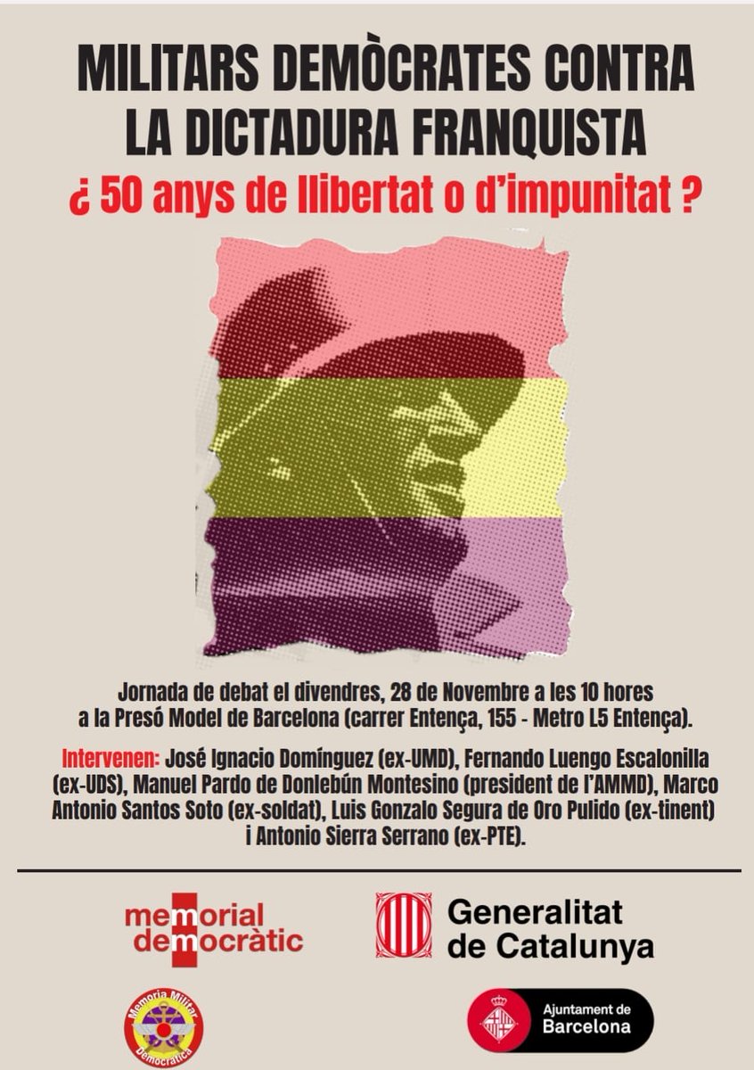 El 28 de noviembre a las 10 de la mañana, en la antigua Cárcel Modelo de Barcelona, celebramos una jornada sobre el papel de las Fuerzas Armadas durante la Dictadura, la Transición y la situación actual. La entrada es libre.
