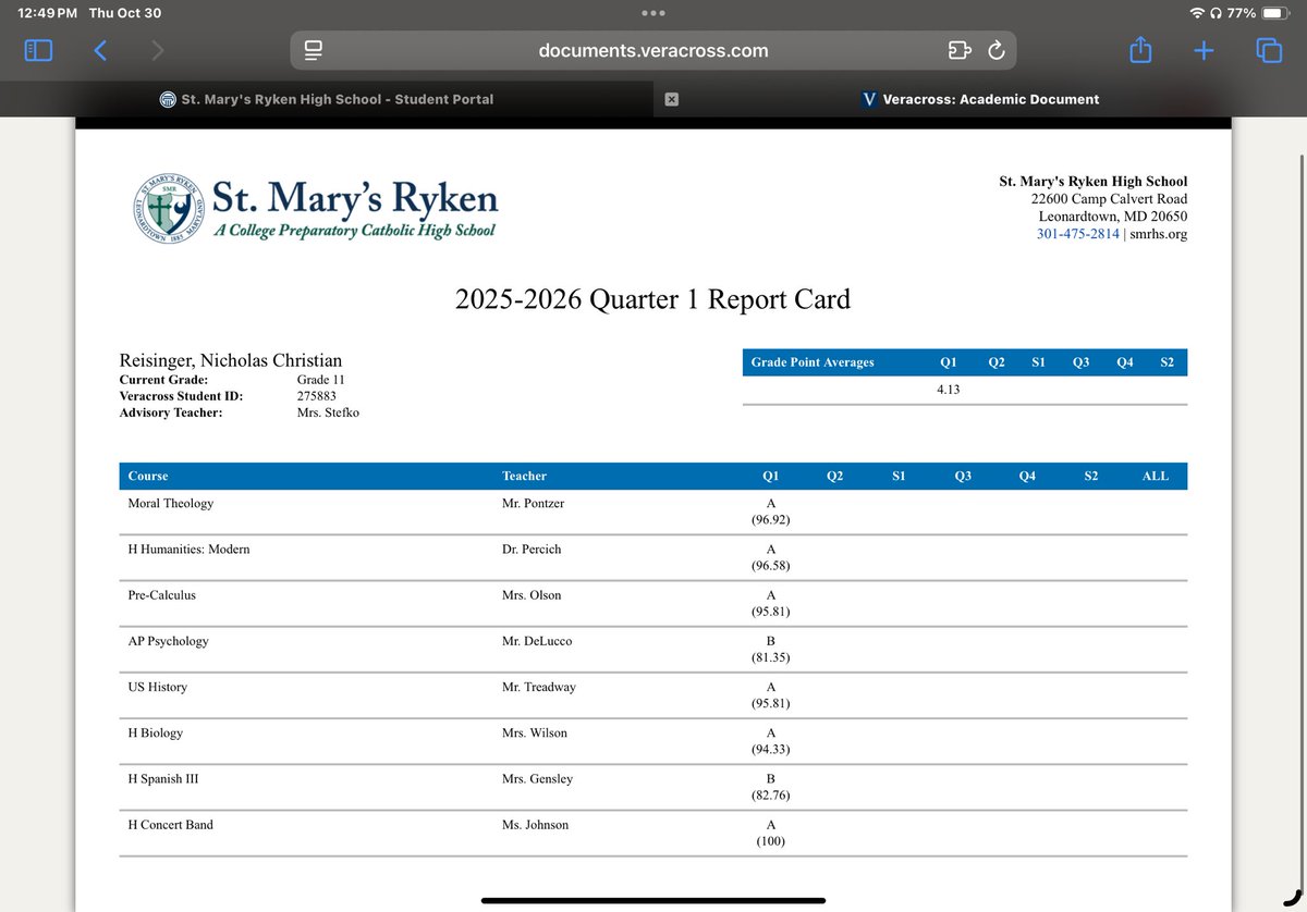 Quarter 1 in the books! 4.13 GPA. <a href="/coachwynn6/">Gary Wynn</a> <a href="/coachdeetull/">Dee Tull</a> <a href="/coach_blaine/">J. Blaine Somerville</a>