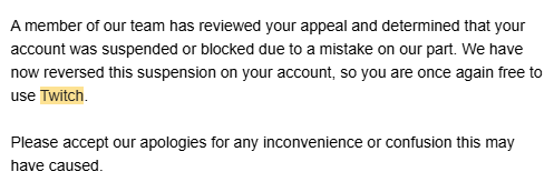 ChottoDragon's tweet photo. Hi hi... @TwitchSupport @Twitch 

I received a message from you saying my account was suspended in error... but err... It's still suspended

I reached out to your support but all I get is bot replies. 

Any chance someone can take a look? 
Thanks!!
Cho https://t.co/9QSeeexm0K