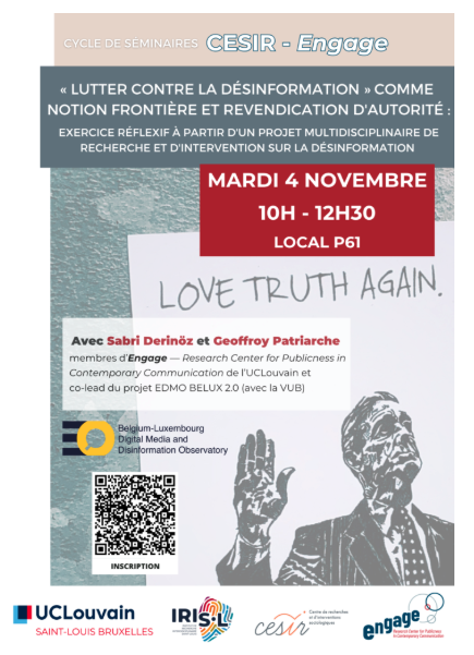 Mardi prochain (04/11), on se retrouve pour la 2ᵉ séance de notre cycle de séminaires : on parlera toujours des vérités, de leur multiplicité et de la façon dont elles s’affrontent ou se complètent, cette fois au travers du prisme de la désinformation.
shorturl.at/pEhPR