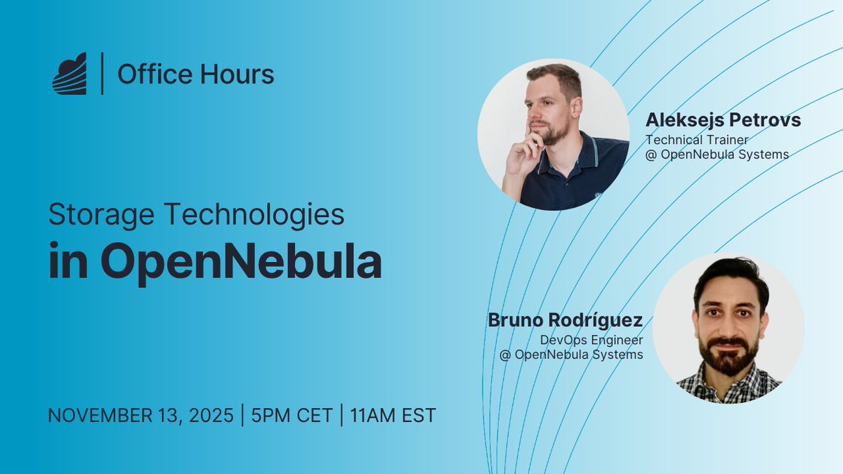 opennebula's tweet image. Our first Office Hours session was a success, and we’re excited to announce that we’ll be hosting another one soon! This time, we’ll dive into OpenNebula’s storage capabilities 🗄️ 

Register now: hubs.ly/Q03Q-n-20

#OpenNebula #storage #officehours
