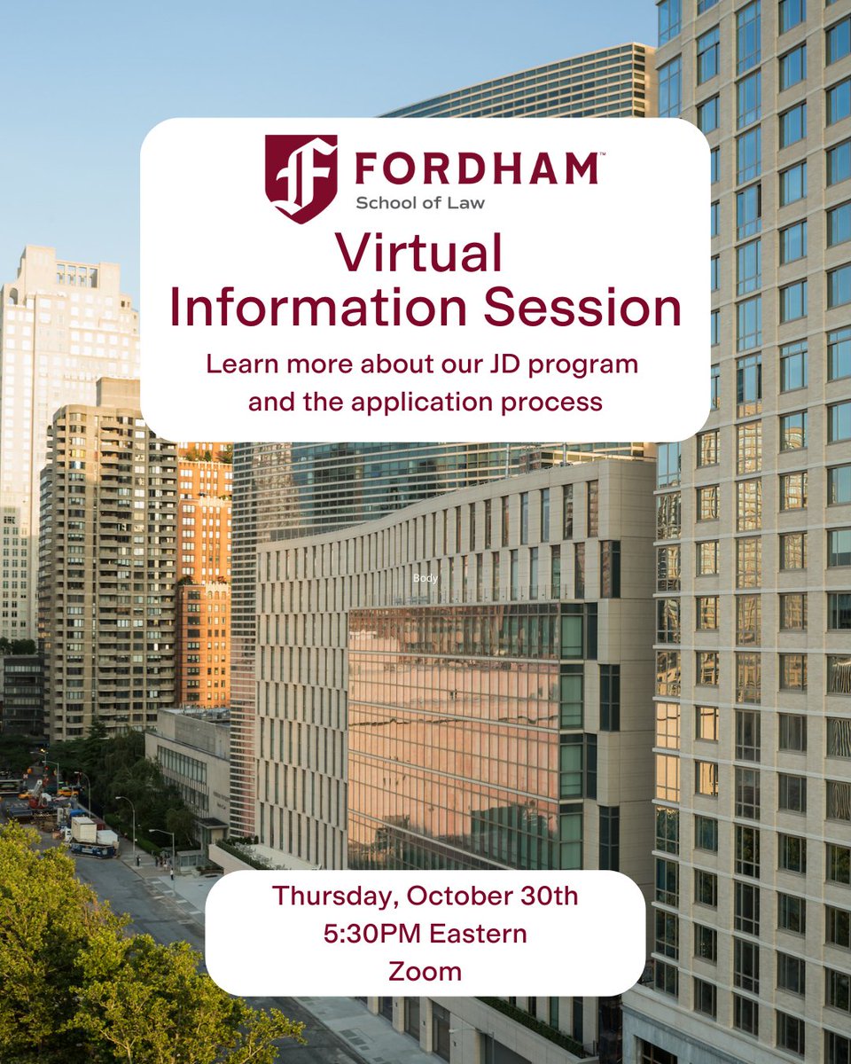 We invite you to join the JD Admissions team for an overview of the application process tonight at 5:30PM Eastern. Link in our bio to register, and for additional info session and visit opportunities!

#FutureFordhamLawyers #FordhamLaw #Fordham #NYC #LawSchool #LawSchoolAdmission