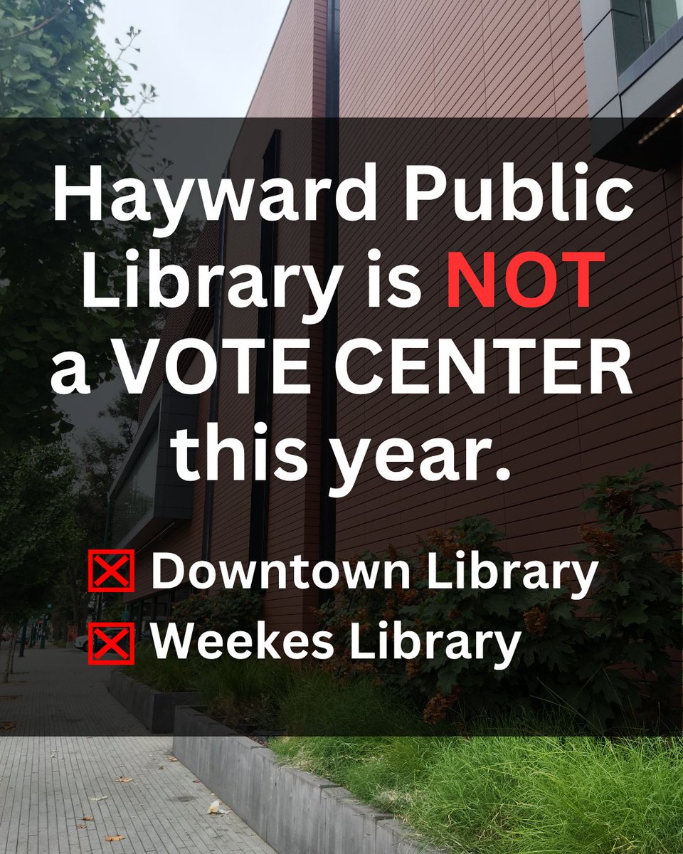 HaywardLibrary's tweet image. Find out where to vote in Hayward: bit.ly/Hayward-Voting…

The Hayward Public Library (Downtown Library and Weekes Branch Library) are NOT Vote Centers and do NOT have a Vote By Mail Drop Boxes.

La Biblioteca de Hayward no son centros de votación ni tienen buzones de entrega.