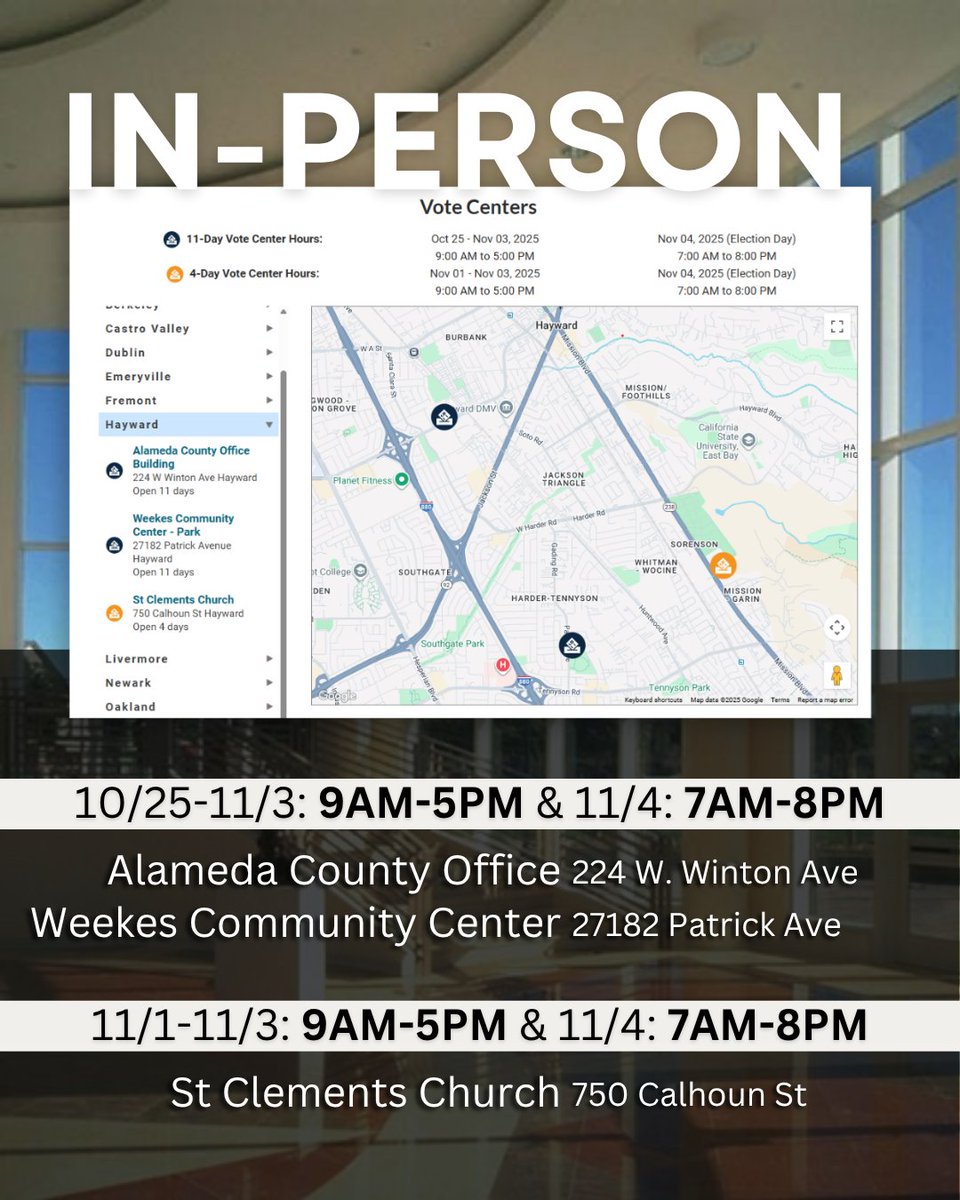 HaywardLibrary's tweet image. Find out where to vote in Hayward: bit.ly/Hayward-Voting…

The Hayward Public Library (Downtown Library and Weekes Branch Library) are NOT Vote Centers and do NOT have a Vote By Mail Drop Boxes.

La Biblioteca de Hayward no son centros de votación ni tienen buzones de entrega.