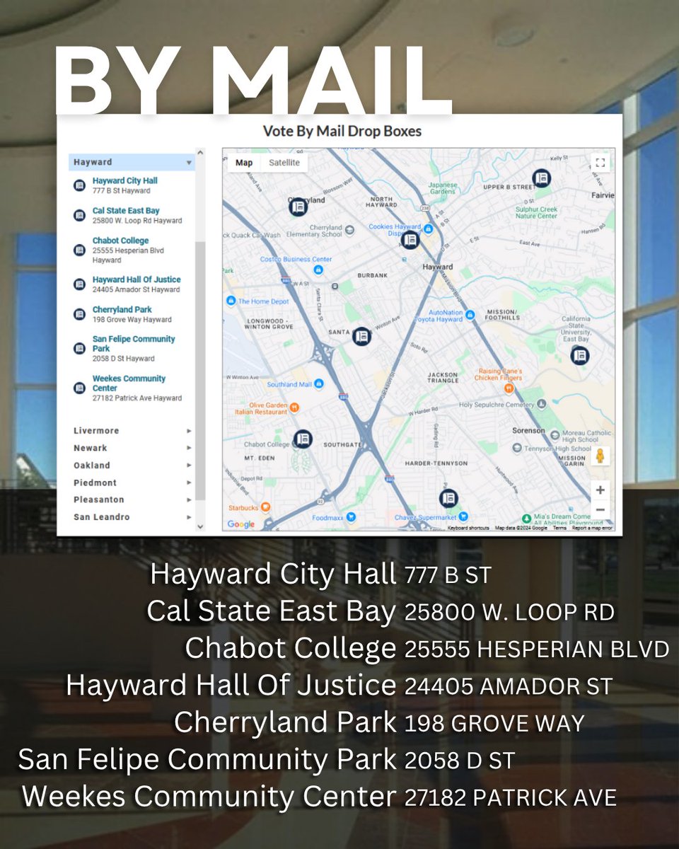 HaywardLibrary's tweet image. Find out where to vote in Hayward: bit.ly/Hayward-Voting…

The Hayward Public Library (Downtown Library and Weekes Branch Library) are NOT Vote Centers and do NOT have a Vote By Mail Drop Boxes.

La Biblioteca de Hayward no son centros de votación ni tienen buzones de entrega.