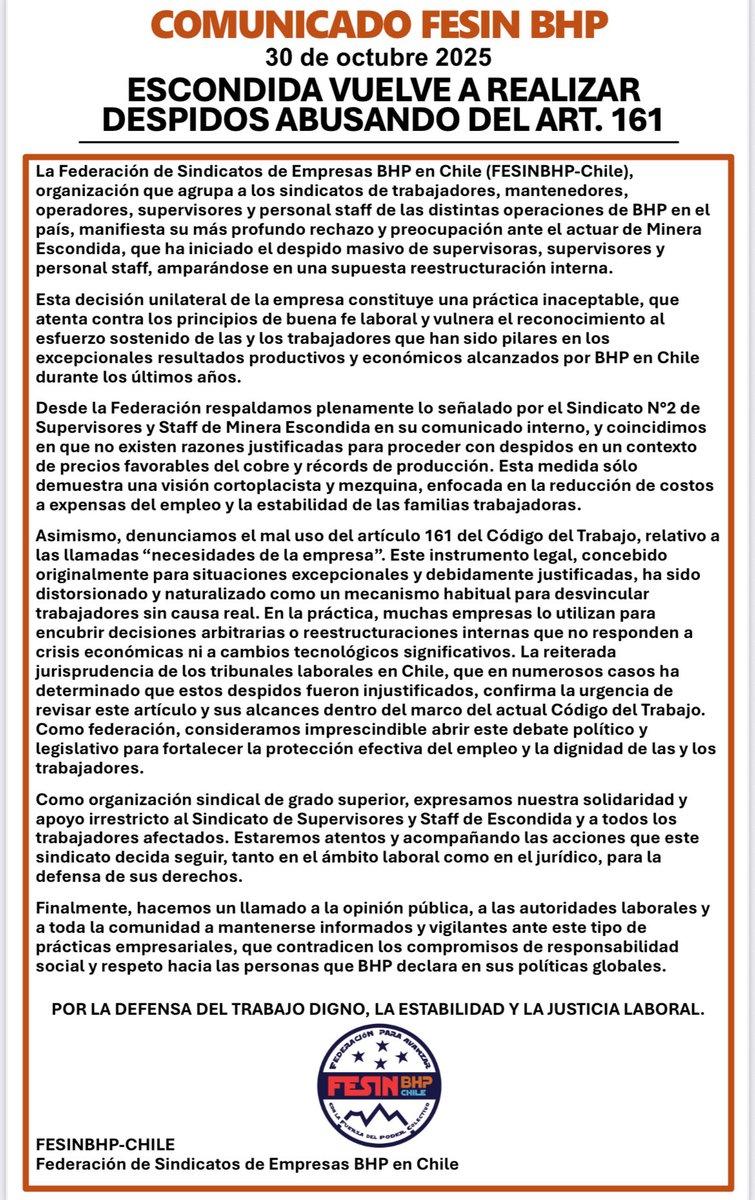 Despido masivo en minera Escondida
Nuevamente abusando del art 161 del Código del Trabajo.
