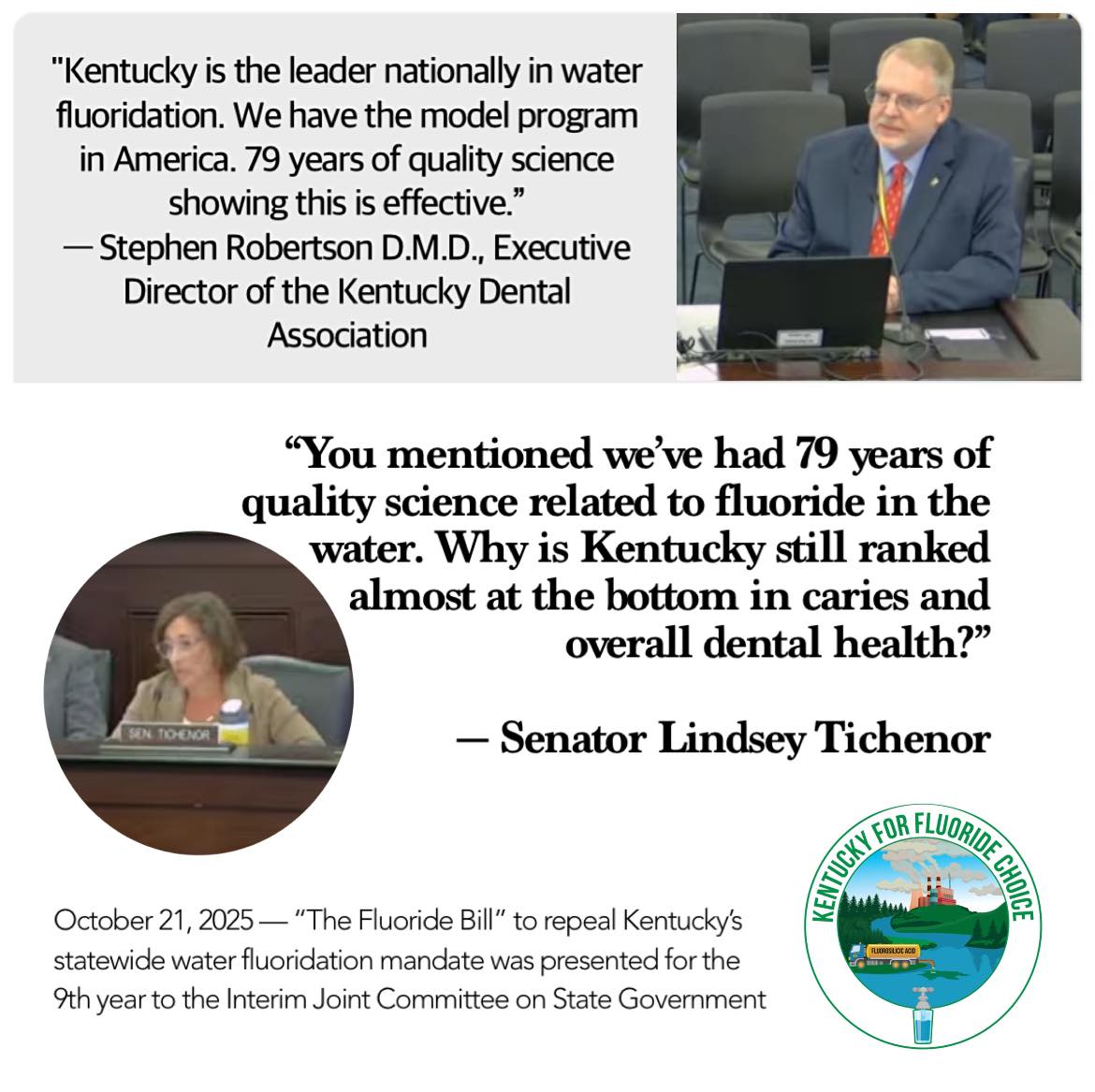 FluorideFreeKY's tweet photo. Stephen Robertson D.M.D., Executive Director of the Kentucky Dental Association, gave opposing testimony 

@tichenor4ky challenged Robertson's "79 years of quality science" statement.

More on the Oct. 21st “Fluoride Bill” hearing here: https://t.co/Ga2pdIUjG1 https://t.co/F1I9MflQga