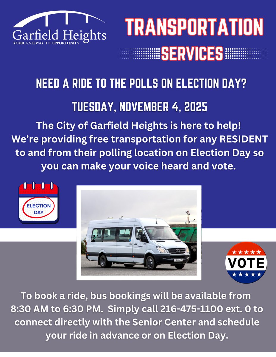 🚐 The City of Garfield Heights is here to help!

We’re offering free transportation for any resident to and from their polling location so you can make your voice heard and VOTE! 🗳️

📞 To schedule a ride, call 216-475-1100 ext. 0 to connect directly with the Senior Center.