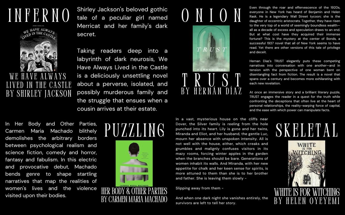 CorvisieroLit's tweet image. BOO-ktober comes to an end, but the fun never ends! Check out these frighteningly good book recs!
👻
#inktober2025 #booktober #bookrecs #shirleyjackson #carmenmariamachado #hernandiaz #helenoyeyemi #joevallese #ottessamoshfegh #janeausten
#corvisieroliteraryagency