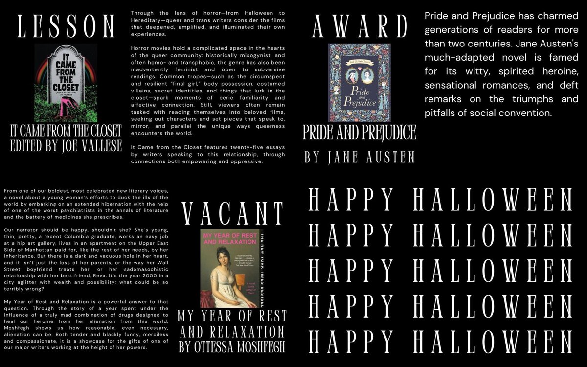 CorvisieroLit's tweet image. BOO-ktober comes to an end, but the fun never ends! Check out these frighteningly good book recs!
👻
#inktober2025 #booktober #bookrecs #shirleyjackson #carmenmariamachado #hernandiaz #helenoyeyemi #joevallese #ottessamoshfegh #janeausten
#corvisieroliteraryagency