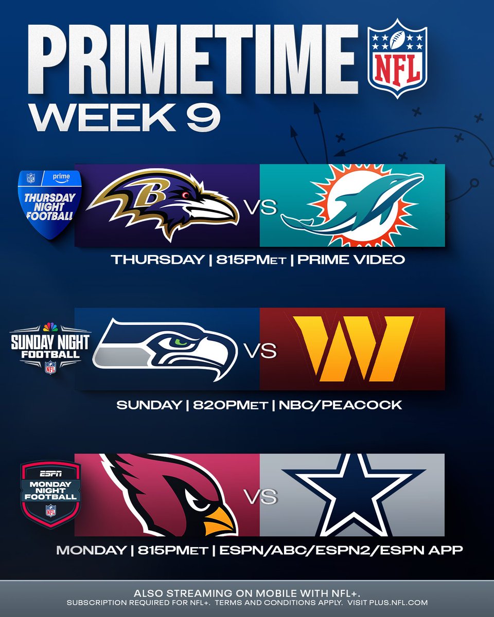 NFL's tweet image. Games in the spotlight for Week 9️⃣

📱: Stream on @NFLPlus