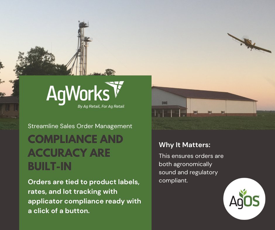 AgWorksSoftware's tweet image. In AgOS, compliance &amp;amp; accuracy are built in. This improves sales order management by streamlining how ag retailers create, track, and fulfill sales orders - connecting agronomy, operations, inventory, and finance into a single workflow.