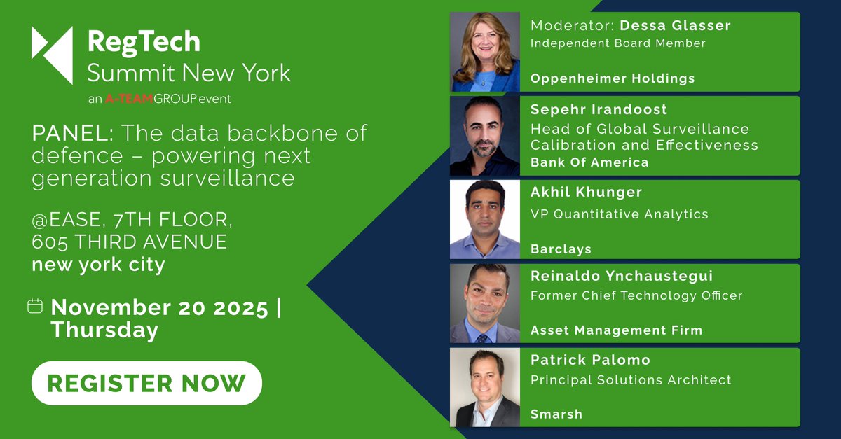 RegTechInsight's tweet image. Join us at RegTech Summit on Nov 20th for this panel discussion - &apos;The data backbone of defence – powering next generation surveillance&apos; with speakers from @BankofAmerica, @BarclaysBankUS &amp;amp; @SmarshInc

Register: eu1.hubs.ly/H0pcQMn0

#RTSNYC #regtech #surveillance
