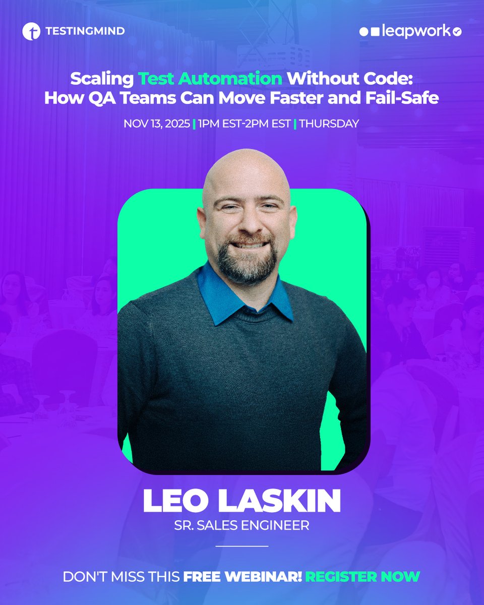 testingmindcon's tweet image. 🚀 Scale Test Automation Without Code — Move Faster. Fail-Safe. Deliver with Confidence.

💡 WEBINAR | NOV 13, 2025 | 1 PM – 2 PM EST | THURSDAY

Traditional test automation can slow you down — endless scripts, heavy maintenance, and dependency on technical experts. It’s time for…