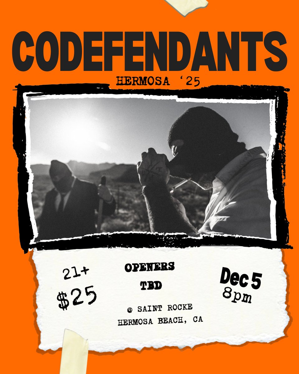 SaintRocke's tweet photo. *ANNOUNCING* Get psyched because the one-of-a-kind Codefendants are returning to the stage on 12/5! Prepare for a night of genre-smashing music that you truly have to hear to believe. 💥

Doors open at 7PM, show starts at 8PM.

Grab your tickets now 👉 https://t.co/nZtVqkfIxj https://t.co/iTuc0kuuhl