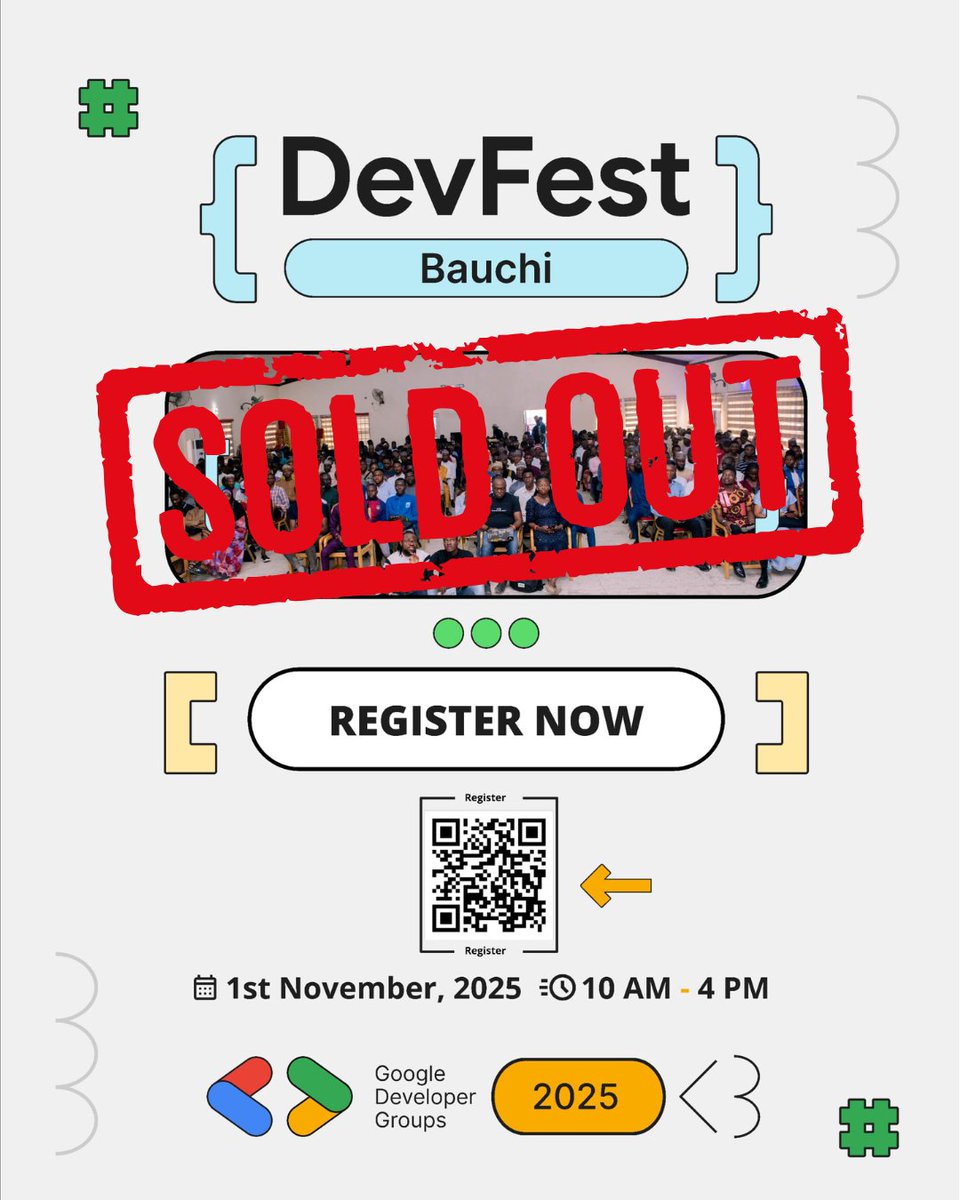 OFFICIAL! 🚨 #DevFestBauchi 2025 is completely SOLD OUT!

We're blown away by the incredible response from the community. Thank you!

For everyone who got a ticket, get ready for an unforgettable experience. We can't wait to see you on Saturday! 🔥

#DevFest #Bauchi #GDG #SoldOut