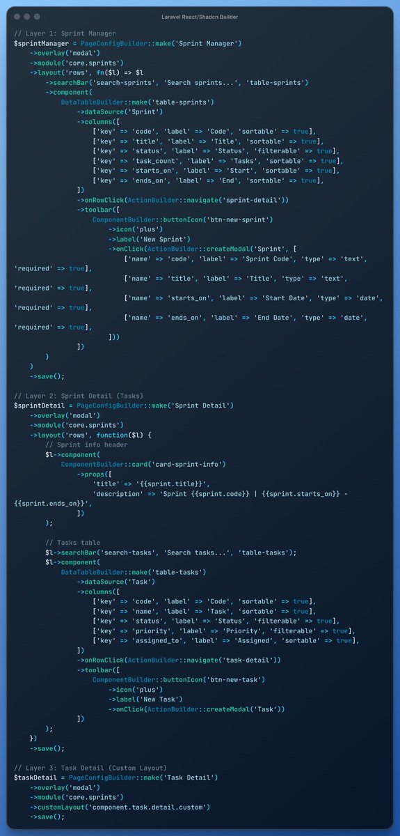 chrispian's tweet image. I accidentally created a laravel/php -> react builder. I was just trying to make it easy to quickly throw together Shadcn components for AI agents. This code generates a db config that powers the UI components. Is this what they mean by cooking?