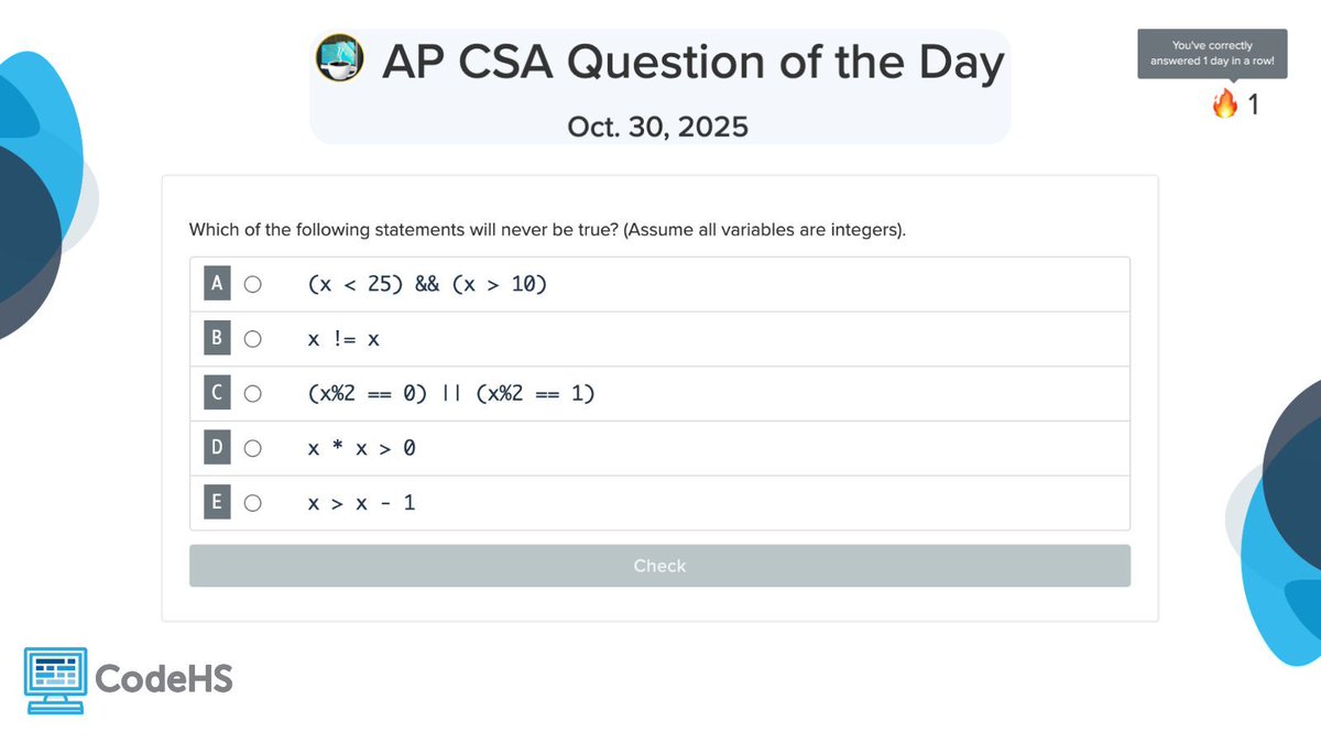 CodeHS's tweet image. Start your AP CSA class with today&apos;s Question of the Day! These quick, 5-minute activities are a fun way to keep students learning — and challenge them to keep their streak going buff.ly/kCzoAyE