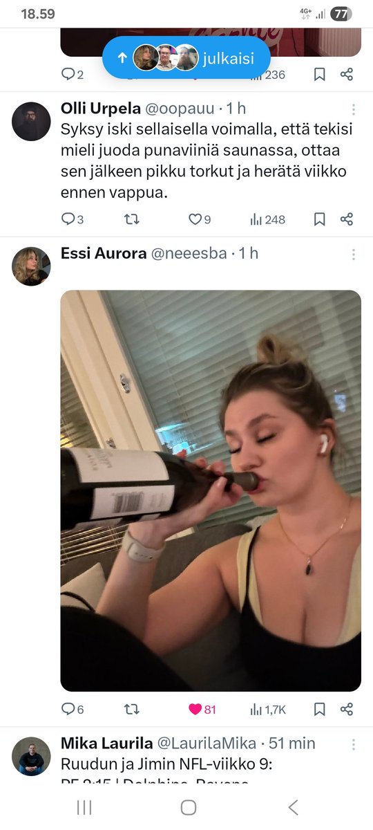 Tykkään kyllä tämmösistä sattumista feedillä <a href="/oopauu/">Olli Urpela</a> <a href="/neeesba/">Essi Aurora</a>
