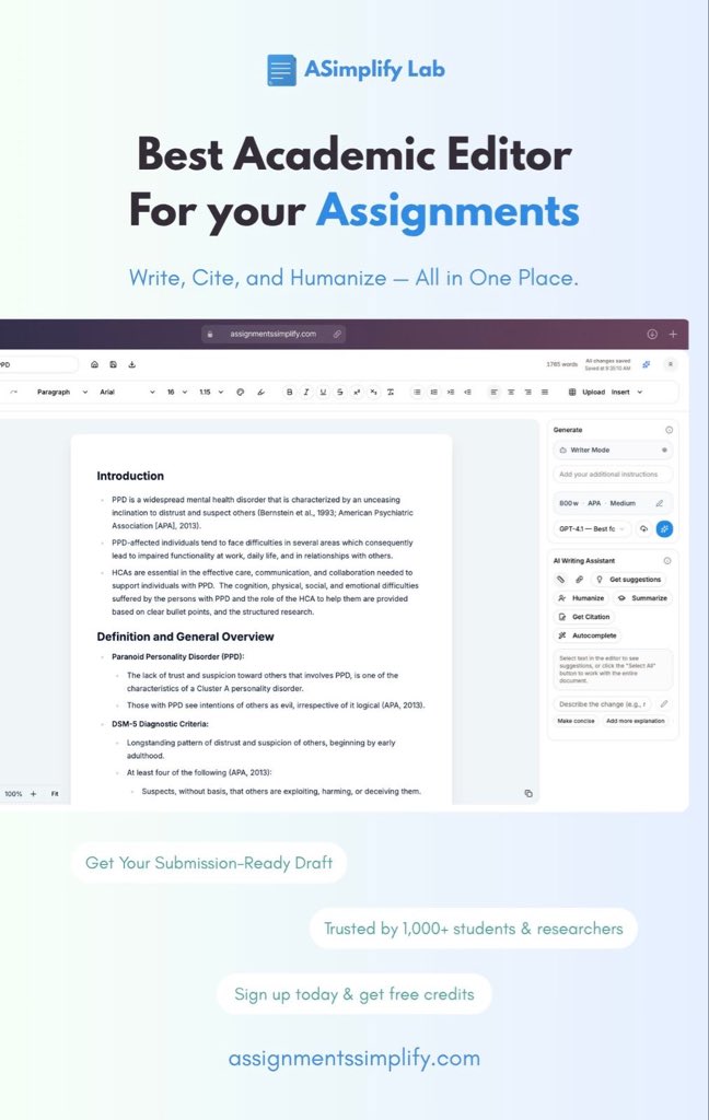just build a AI powered assignment builder for college uni students give 2-5% Ai on quillbot and zerogpt

Two hours of pain, solved in ten minutes flat.

assignmentssimplify.com