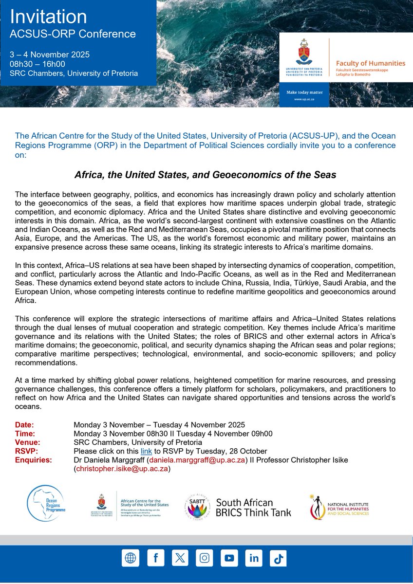 The SABTT and NIHSS proudly support the ACSUS-ORP Conference: Africa, the United States, and the Geoeconomics of the Seas, hosted by <a href="/UPTuks/">University of Pretoria</a>

A key dialogue on Africa/US maritime relations and global geoeconomics.  

#ACSUS #ORP #GeoeconomicsOfTheSeas #AfricaUSRelations