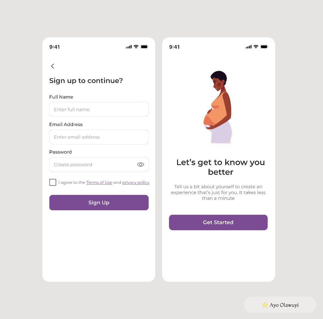 ayomiolawuyi's tweet image. 30 Days UI Challenge
Day 13 done✅

First impressions matter. Designed the signup &amp;amp; welcome flow for my pregnancy app.

#30dayschallengewithPDU
#UIDesign 
#FemTech
