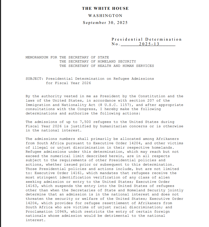 ReichlinMelnick's tweet photo. NEW: Trump has announced that the US will admit the lowest level of refugees ever at 7,500 in FY 2026. The US will only be admitting as refugees White people from South Africa and "victims of illegal or unjust discrimination," which leaked memos suggest means far-right Europeans. https://t.co/B6odF28BBj