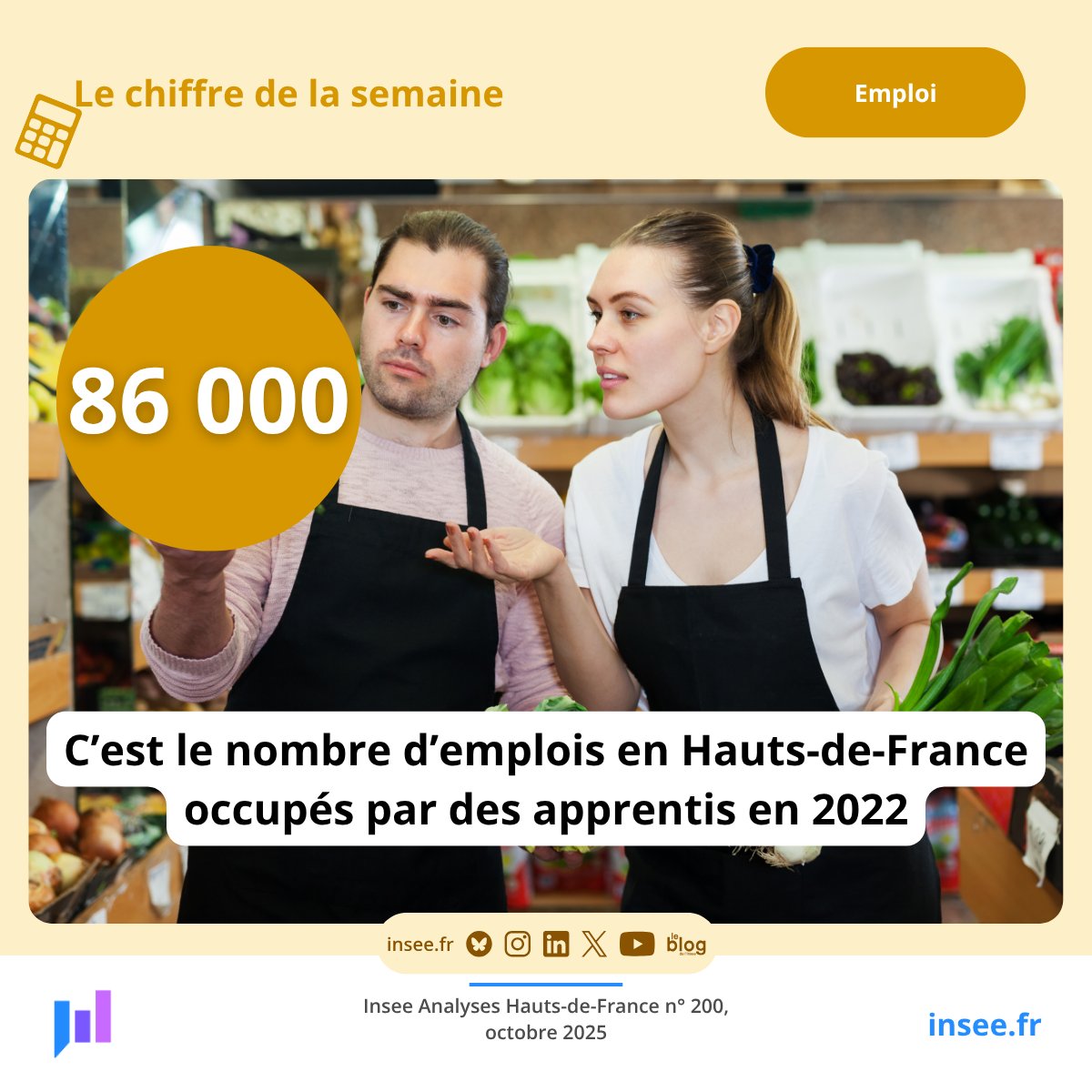 [ Le #ChiffreDeLaSemaine : 86 000 ]
En 2022, 86 000 emplois en #HautsDeFrance sont occupés par des apprentis dans les #HautsDeFrance.
Pour en savoir plus : insee.fr/fr/statistique…