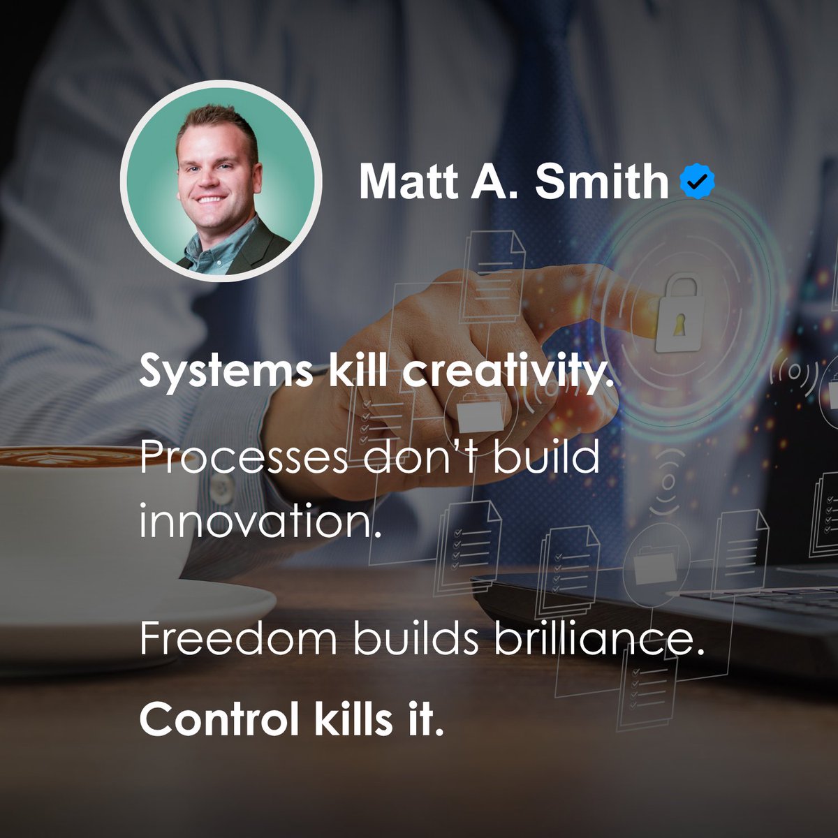 MattASmitty's tweet photo. Systems don’t build breakthroughs. People do. Over-systematizing kills creativity and adaptability.

🧠 Hire smart people
🎯 Set clear goals
🚪 Get out of their way

What has created more value in your business: following the process or breaking it?
#Leadership #CreativeThinking https://t.co/ptSktssmBR
