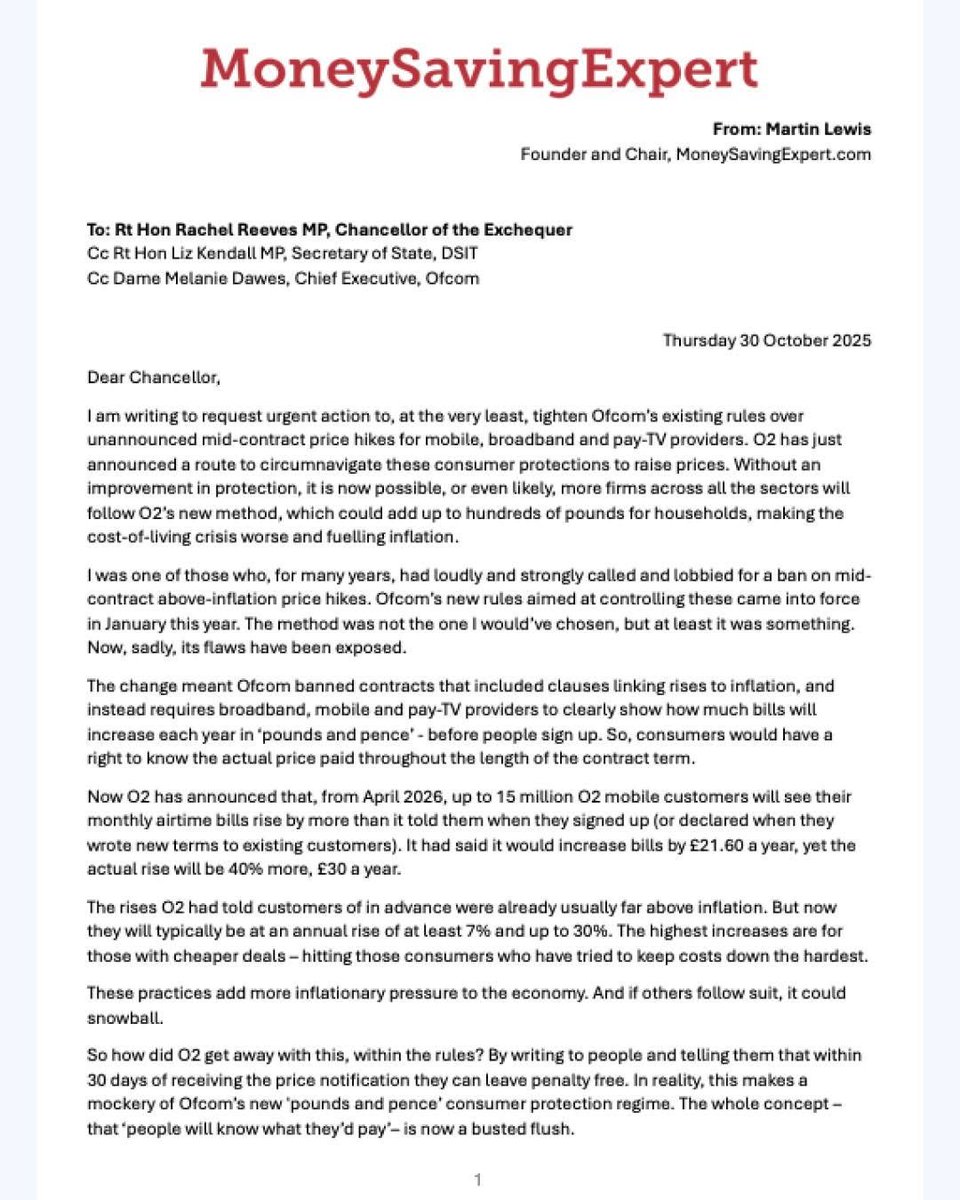 So many people impacted by the <a href="/O2/">O2</a> price increase. <a href="/MartinSLewis/">Martin Lewis</a> has lobbied the government to make them aware of this increase by writing to <a href="/RachelReevesMP/">Rachel Reeves</a>