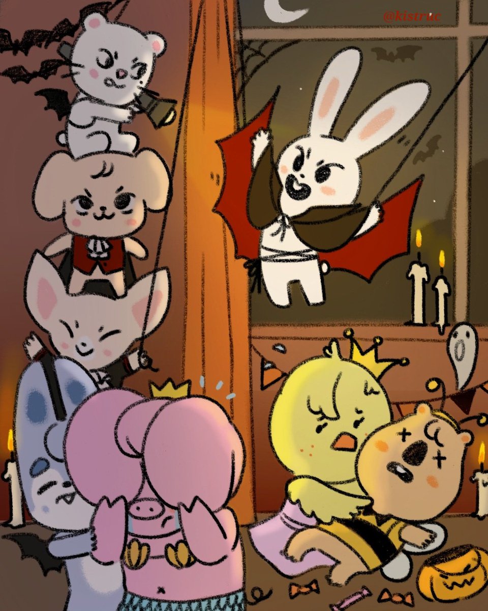 kistruc's tweet photo. My participation for the #StaytistSEARCHnFIND2025 🎃 ! Tiny vampire Leebit and his bat companions scaring their friends 🦇
Happy Halloween and thank you @artddinary for organizing this!! 🧡 https://t.co/Kfl34Wsvhd