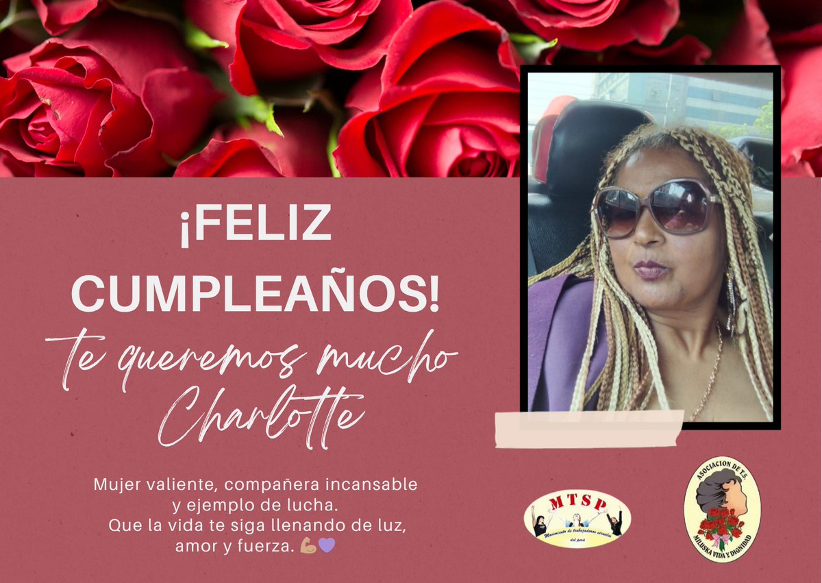 💐 ¡Feliz día, Charlotte! Desde nuestra <a href="/Org_MVYD/">Miluska Vida y Dignidad 🇵🇪 #NiUnaPutxMenos ✊</a> y el Movimiento de Trabajadoras Sexuales del Perú, celebramos tu vida y tu compromiso con todxs nosotrxs! Que la vida te siga llenando de luz, amor y fuerza. 💪🏽💜