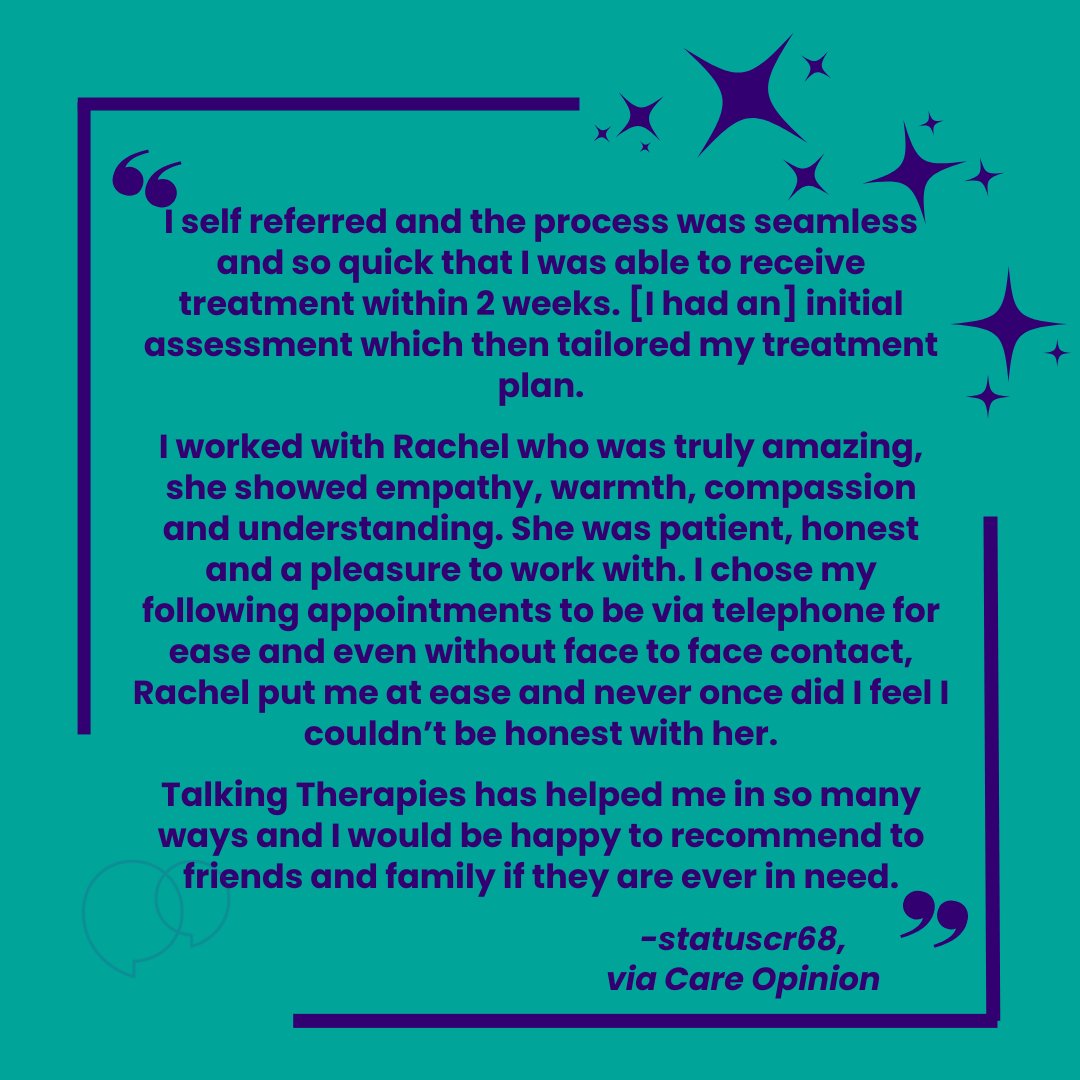 💙Care and treatment, tailored to you, to help you feel better

✨Well done to our lovely North Lincs therapist, Rachel, this week's Feedback Friday superstar.

Want support to improve your mental health and wellbeing? Self-refer online at rdash.nhs.uk/services/nhs-t…