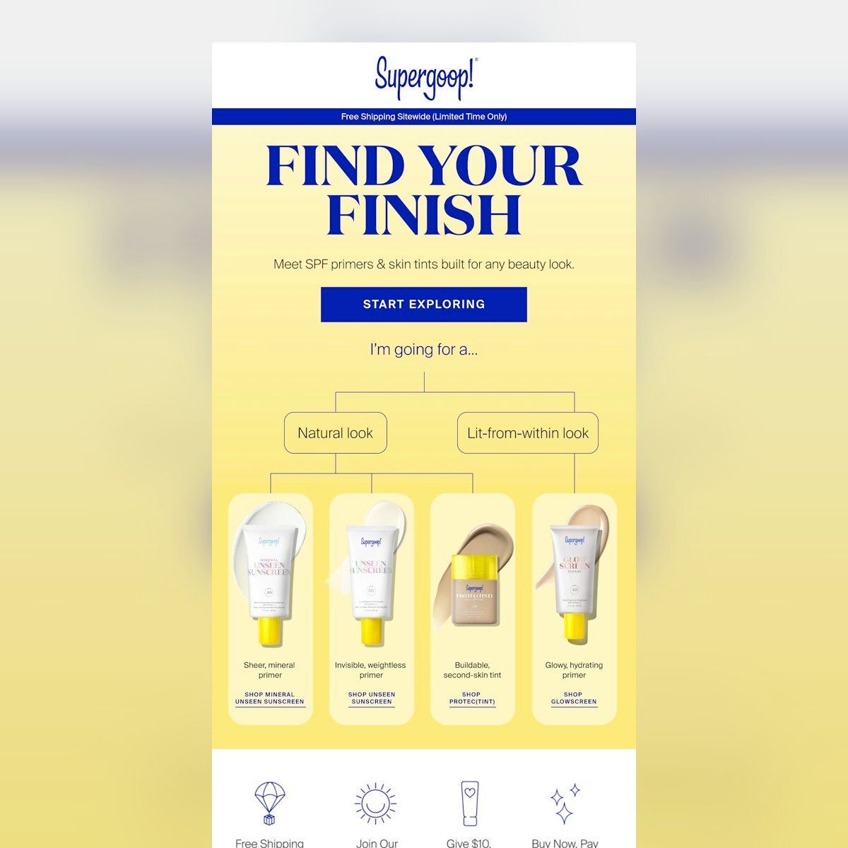 emaillove's tweet image. Impressed by Supergoop&apos;s clean design! Bold blue sections highlight key offers, like &quot;Free Shipping Ends Tonight.&quot; Simple image grid directs where to click next. Strong visuals &amp;amp; minimal text drive action as effectively as word-heavy designs. 🌟 #Supergoop #CleanDesign