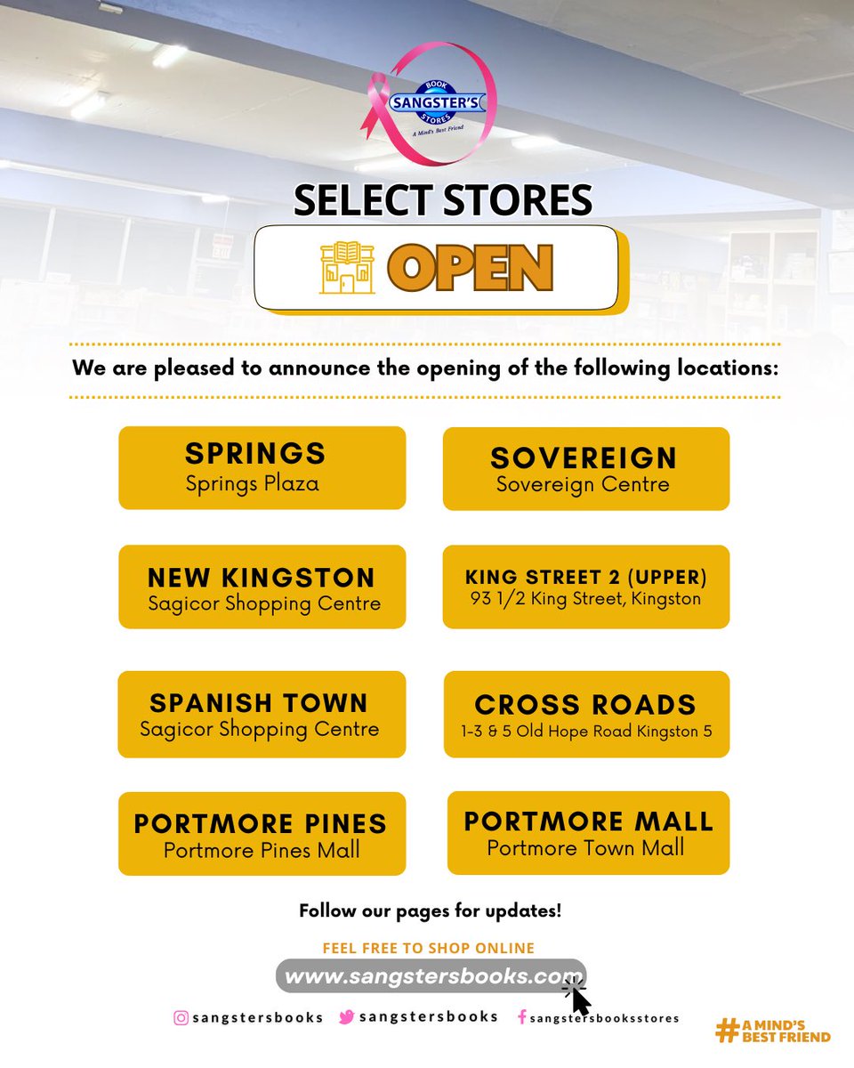 SangstersBooks's tweet image. 📢 NOTICE: Select locations are OPEN! 🙌📕✨

We’re here to serve you ☀️💪

Stay tuned to our page for more updates 🛍️📚💛

#SangstersBookStores #ShopLocal #OpenForYou #BookLovers #BackToBooks #JamaicaStores #StaySafe #SangstersJA