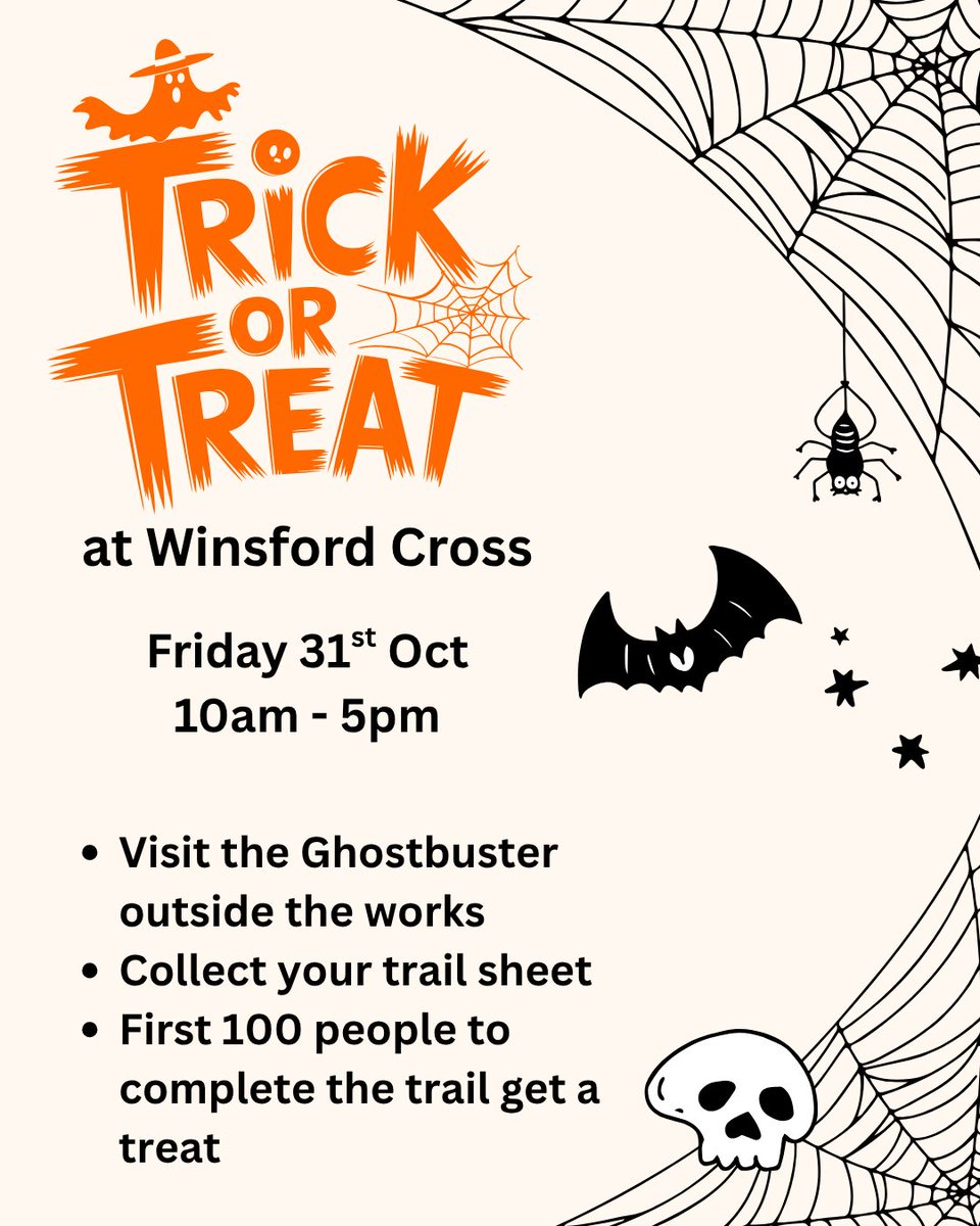 👻 Don’t forget the Winsford Cross Halloween Trail is happening tomorrow from 10AM–5PM!
🕵️‍♀️ Collect your trail sheet from the Ghostbuster outside <a href="/theworks/">theworks</a>
🔍 Hunt for spooky characters around the centre
🍬 Return your sheet to claim your FREE bag of sweets...be quick!