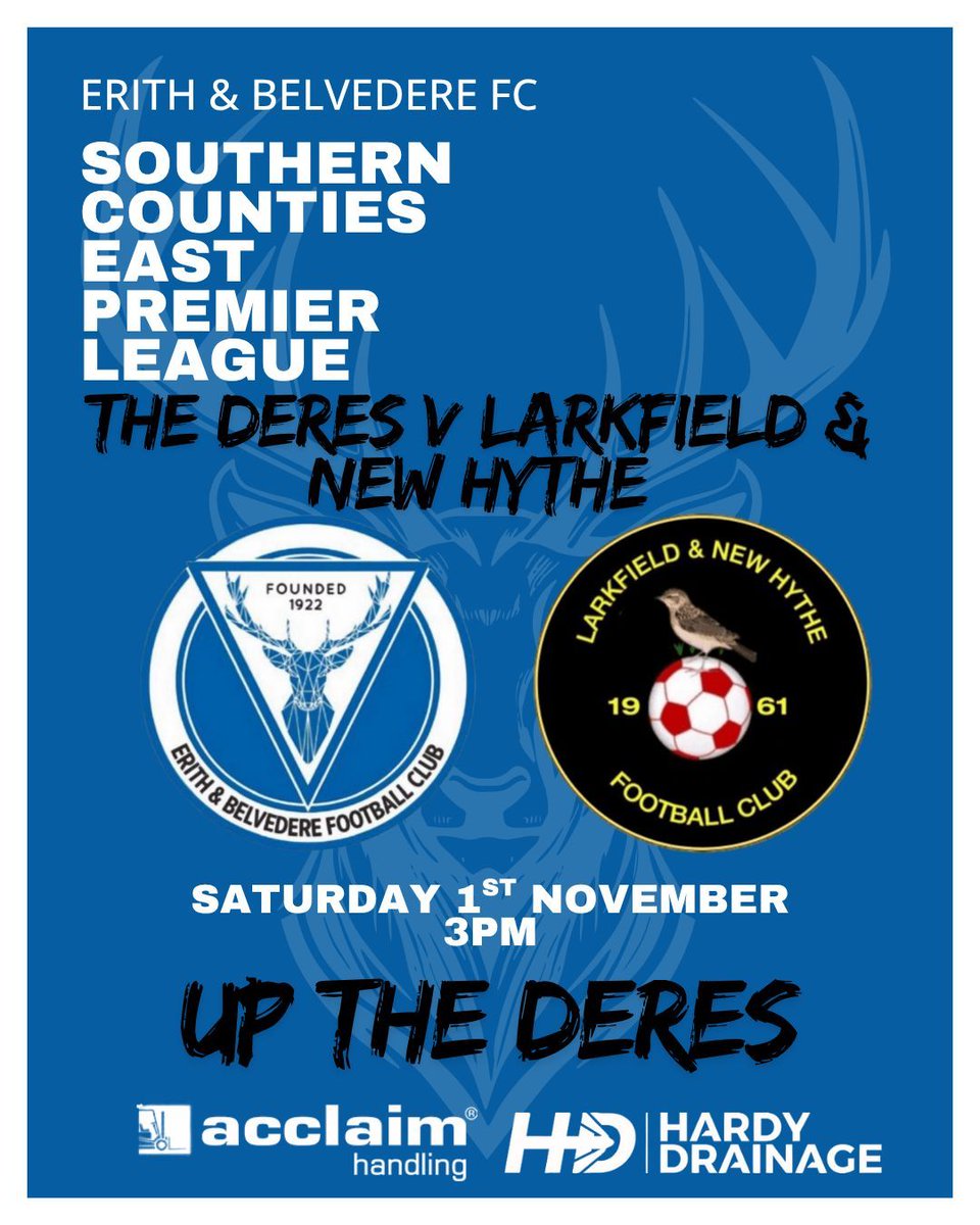 ⚽️🔵Next Home Game⚽️🔵

Two days to go📆 

Lets pack out the <a href="/AcclaimHandling/">Acclaim Handling Ltd</a> Community Stadium for our only home league game in November on Saturday against <a href="/LarkfieldFC/">LarkfieldFC</a> 

Tickets are available online
app.fanbaseclub.com/Fan/Tickets/Se…

#UptheDeres🦌