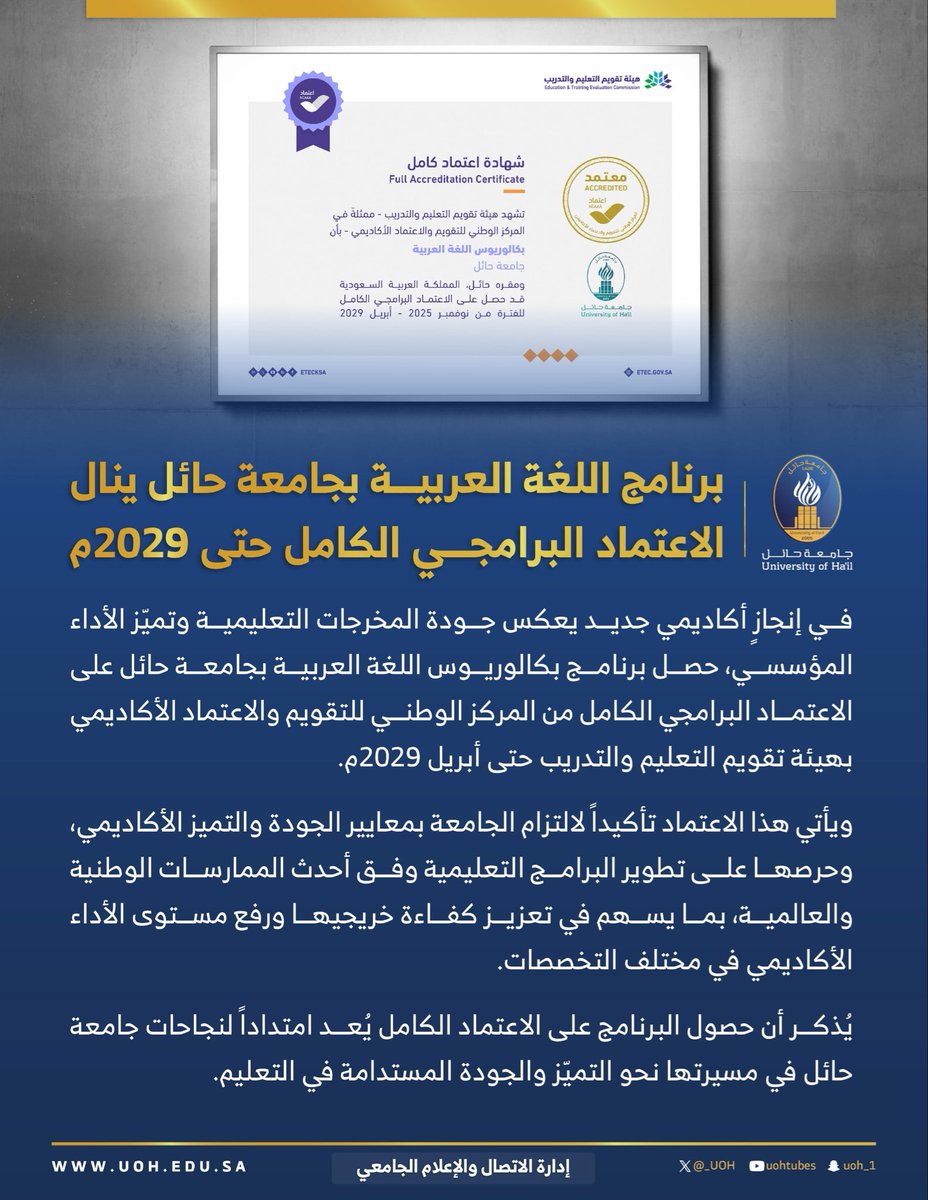 _UOH's tweet photo. #خبر | ✨
برنامج اللغة العربية بـ #جامعة_حائل ينال الاعتماد البرامجي الكامل حتى 2029م https://t.co/efu182sIde