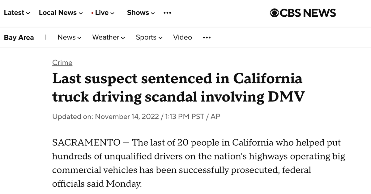 BreannaMorello's tweet photo. 🚨FRAUD🚨

It's well documented that several Indian-owned truck driving schools in California have been convicted of bribing DMV staff to issue fake commercial driver's licenses (CDLs). 

These fraudulent licenses are then used to supply drivers for Indian-owned trucking firms operating across the West Coast, in some cases.