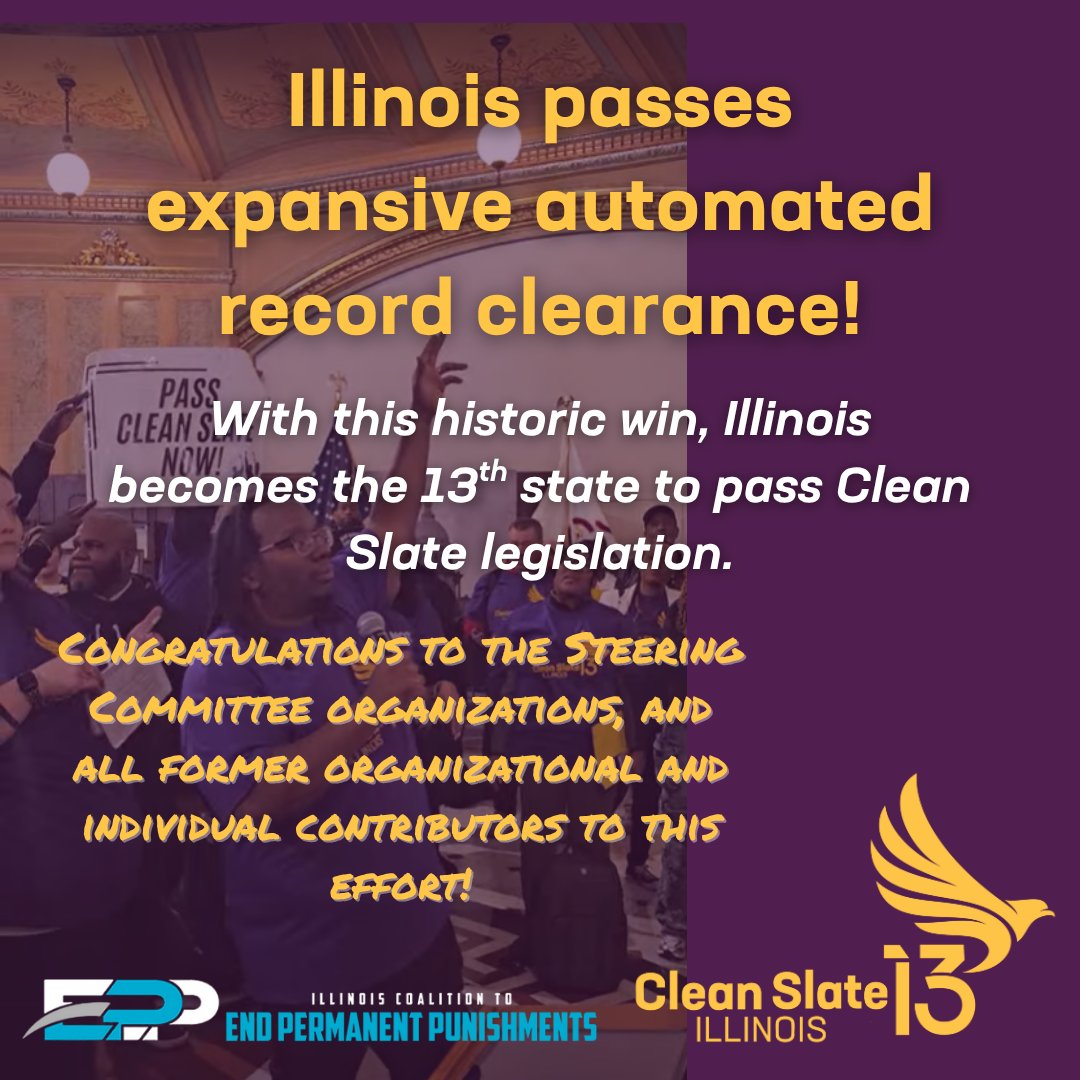 It’s official, Clean Slate has passed in Illinois! 🎉

Huge thanks to Leaders Representative Jehan Gordon-Booth and Senator Elgie Sims for championing second chances for 2.2M Illinoisans.

This is a victory for justice, families, and our state’s future.

#CSIL #CleanSlateIL