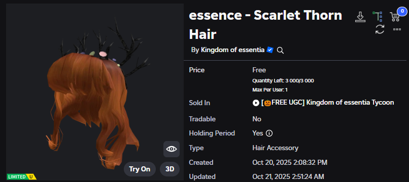 Xh0PlUgc's tweet image. 🔴New limited item &lt;&lt; Kingdom of essentia Tycoon &gt;&gt;
📦Stock: 3,000
❗How to get it: You will need to accumulate 60k Spooky ghosts and then you can get it.
➡️roblox.com/catalog/113831…
➡️roblox.com/games/18497432…
#Roblox #RobloxDev #RobloxFreeUGC #RobloxUGCLimited