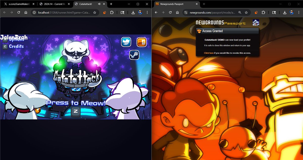 This is actually big for <a href="/Newgrounds/">Newgrounds.com</a> games that use Gamemaker!

If HTML5's been pissing you off as well, you can finally make the jump to WASM/GX.Games Export now that the NG API Extension actually works with it!

Tested it here with a simple ng_get_username()